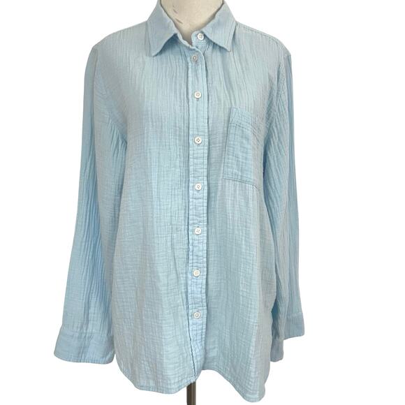 J. Crew Factory Tops - J.Crew Gauze Cotton Button Down Shirt Blue Beach Casual Lightweight Size L